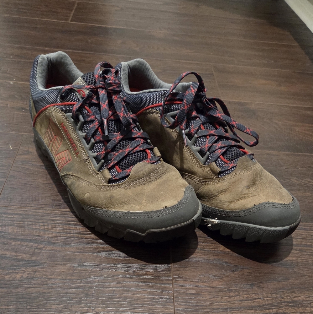 Merrell Brown and Gray Athletic Shoes with Red Accents
